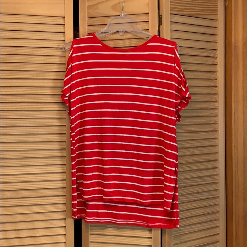 Red and White Open Shoulder Top